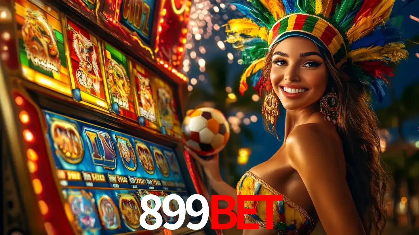 Mulher com um cocar de carnaval ao lado de uma máquina de caça-níqueis enquanto segura uma bola de futebol, mostrando a união da diversão de cassino e esportes no 899bet.