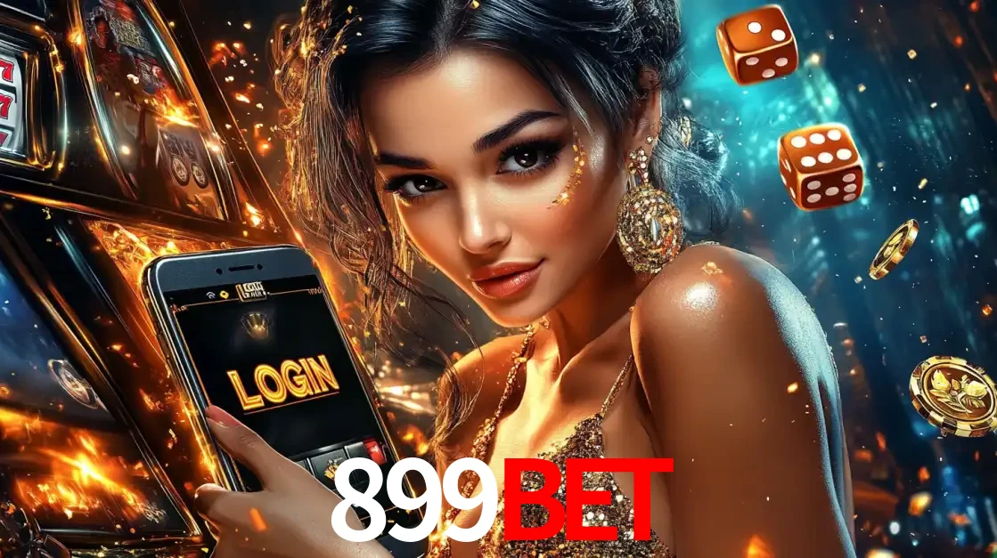 Mulher glamourosa segurando um celular com a tela de login do cassino 899bet, rodeada por dados e moedas douradas, pronta para começar a diversão.