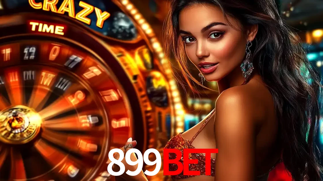 Mulher ao lado da roda de prêmios do jogo de cassino ao vivo Crazy Time, um dos shows de jogos mais emocionantes oferecidos pela plataforma de apostas 899bet.