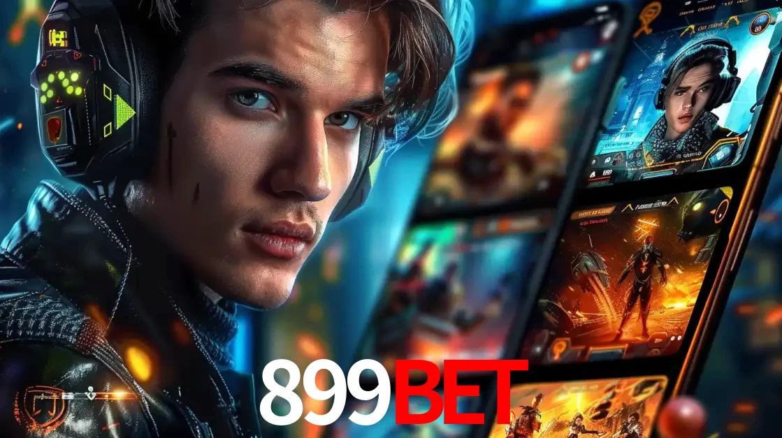 Jovem jogador com fones de ouvido olhando para a câmera, com um aplicativo de jogos e e-sports para celular ao fundo, pronto para a competição e apostas no 899bet.