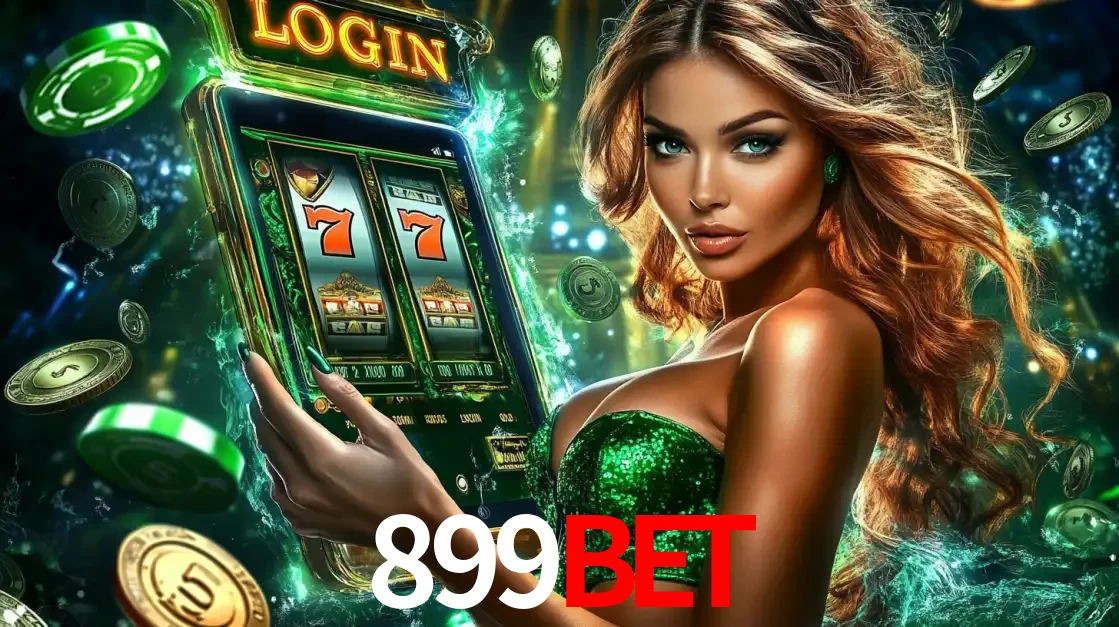 Mulher com tema verde apresentando o aplicativo do cassino 899bet com um jogo de slot de 777, cercada por fichas de cassino e uma aura de sorte.