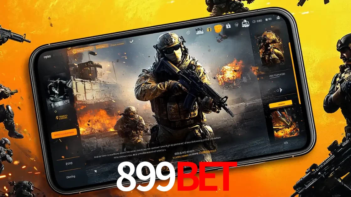 Um smartphone exibindo a interface de um jogo de tiro em primeira pessoa, com um soldado em um cenário de batalha, representando a ação dos e-sports para apostar no 899bet.