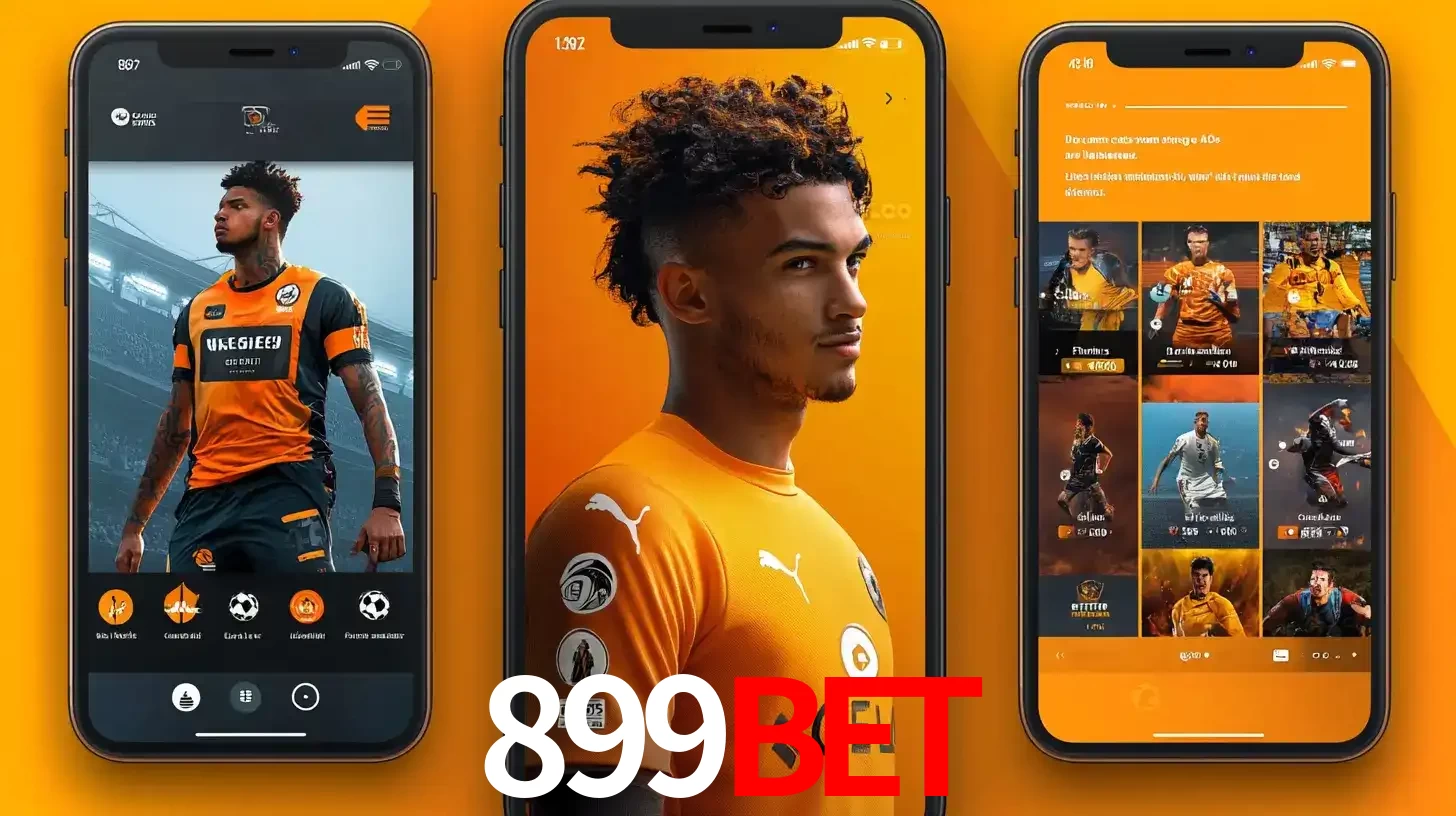 Interface do aplicativo de apostas esportivas 899bet em três telas de celular, mostrando o perfil de um jogador de futebol e a lista de jogos disponíveis para apostar.