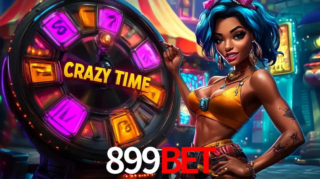 Mulher estilizada com cabelo azul e visual vibrante posando ao lado da roda de prêmios do game show Crazy Time, convidando para a diversão e os bônus do cassino 899bet.