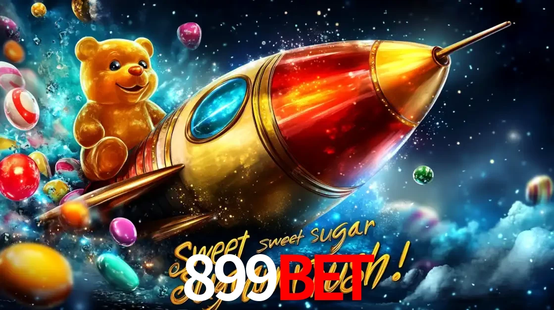 Arte promocional do jogo de slot Sugar Rush, com um urso de pelúcia em um foguete viajando pelo espaço de doces, um dos jogos divertidos disponíveis no cassino 899bet.