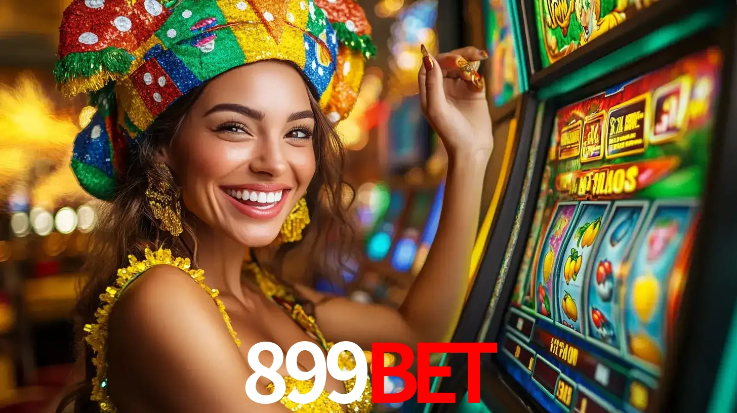 Mulher feliz com traje de carnaval amarelo e colorido ao lado de uma máquina de caça-níqueis, aproveitando a diversão e os jogos temáticos do cassino 899bet.